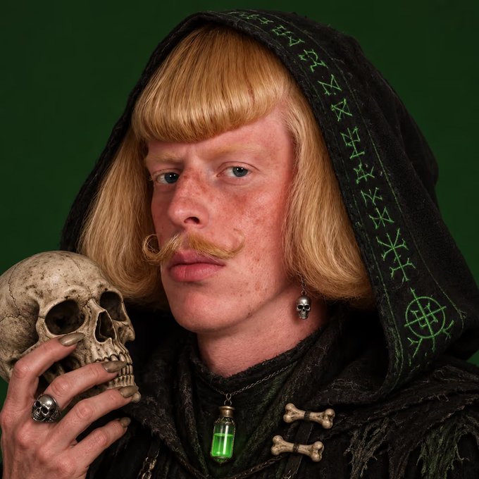 A close-up portrait of a man dressed as a necromancer in a black hooded cloak with green runes, holding a skull and wearing skull rings and a vial of green liquid as a pendant.