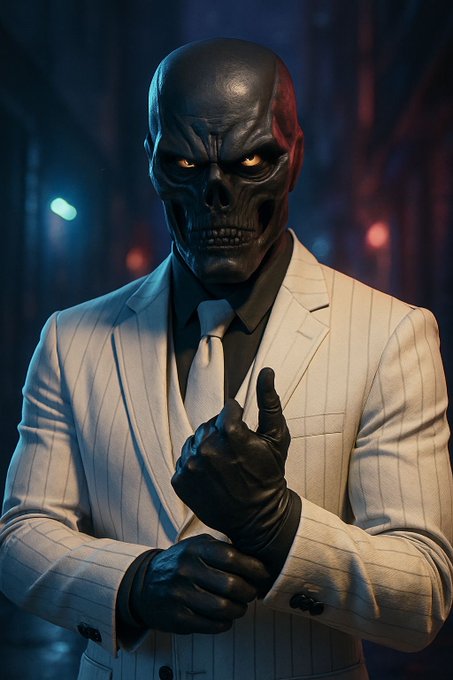 A 3D-rendered figure with a black skull-like face and glowing yellow eyes, wearing a white pinstripe suit and black gloves, gives a thumbs-up in a dimly lit urban setting.