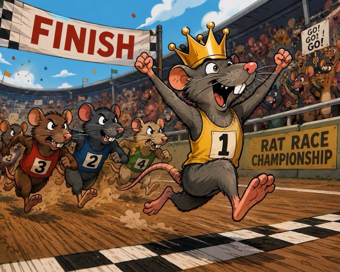 A crowned rat wearing jersey #1 triumphs across the finish line ahead of competitors #2, #3, and #4 at the "Rat Race Championship," symbolizing $RTRC's early lead and potential as the next 100x crypto contender backed by a strong community. The enthusiastic crowd cheering "GO! GO! GO!" reinforces the post's call to act before the meme narrative takes off.