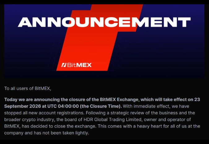 A BitMEX announcement titled 'ANNOUNCEMENT' informs users about the closure of the BitMEX Exchange, effective 23 September 2026 at UTC 04:00:00.