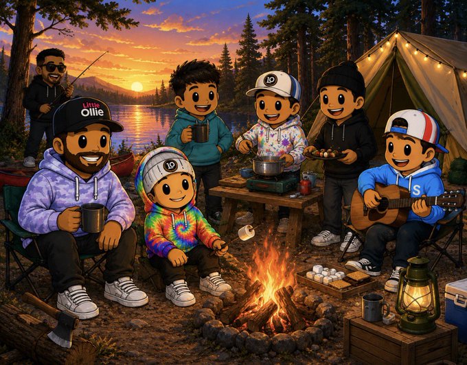 A cartoon illustration depicting a group of characters gathered around a campfire at sunset near a lake, playing music and cooking, with one cap reading 'Little Ollie' and another '10'.