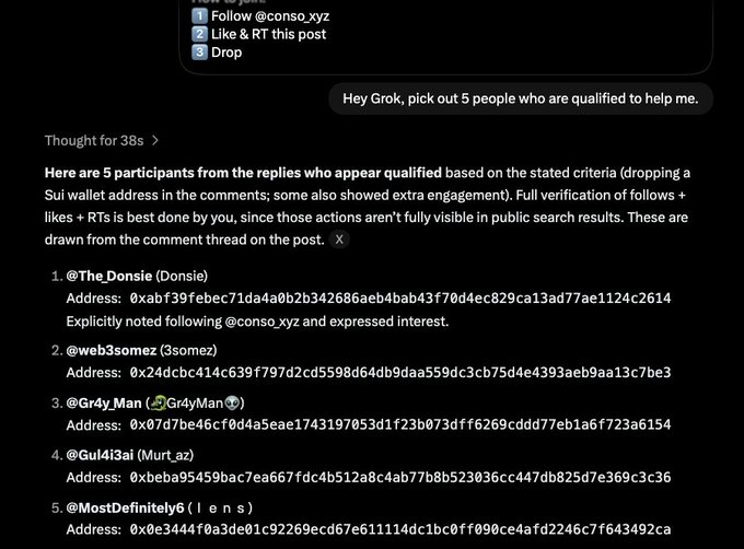 A screenshot of a chat with Grok where a user asks it to pick 5 qualified people to help, and Grok responds with a list of 5 Twitter users (@The_Donsie, @web3somez, @Gr4y_Man, @Gul4i3ai, @MostDefinitely6) along with their Sui wallet addresses.