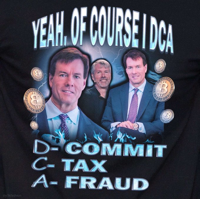 A t-shirt design featuring the Winklevoss twins and another man with text reading "YEAH, OF COURSE I DCA", "D- COMMIT", "C- TAX", "A- FRAUD", surrounded by Bitcoin logos.
