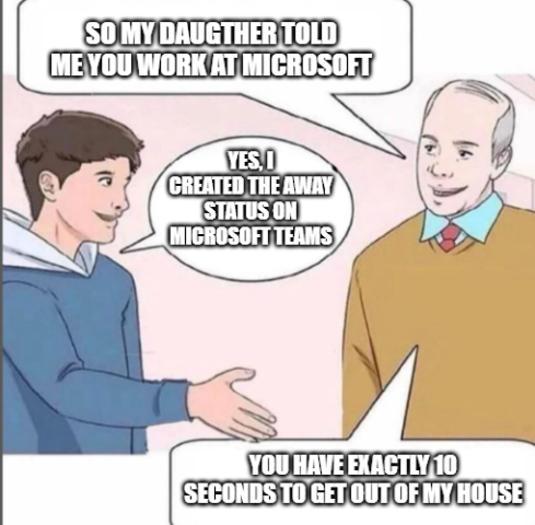 The image features a man shaking hands with an older gentleman, both of them smiling at each other. The caption below the image reads "So my daughter told me I work at Microsoft", indicating that they are discussing their workplace or job roles related to Microsoft.