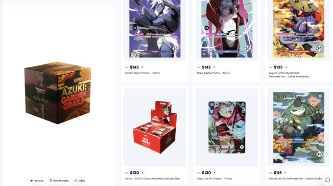 A product page displaying the Azuki: Garden Grails collection features an image of the sealed booster box alongside individual promo and alternate art cards, including the Bassel Alpha Promo ($142), Shai Alpha Promo ($142), Kodama of the Bush Path Alternate Art ($135), Azuki x CHIBIGates Awakened Booster Box ($130), Shoyru No-No Promo ($130), and Beowulf the Sky Alternate Art ($115).