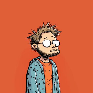 A cartoon illustration of a bearded man with glasses, messy hair, and a blue polka-dot shirt against an orange background.