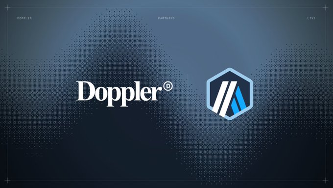 A sleek dark blue presentation slide featuring the 'Doppler' logo and a hexagonal blue and white emblem, with navigation labels 'DOPPLER,' 'PARTNERS,' and 'LIVE' at the top.