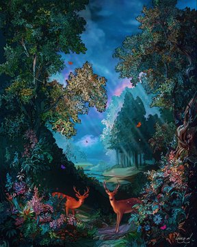 A vibrant, surreal fantasy painting depicting two deer in a lush, enchanted forest clearing with colorful foliage, a rainbow, and a moonlit sky.