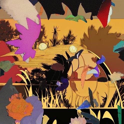 The image looks like a digital collage added with a mix of objects like petals and leaves with people in it. This implies that it comes with that description of the new items and some secret pieces to be added.