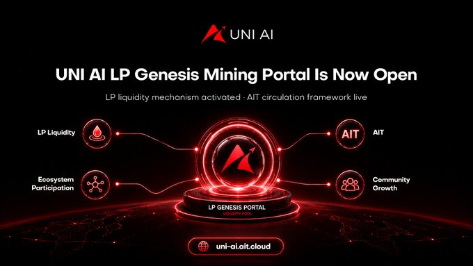 The image features a poster with a red circle at its center, surrounded by various icons representing different aspects of the UNI AI ecosystem. The text on the poster states that "UNI AI LP Liquidity is now live", indicating that the LP liquidity mechanism has been activated and is in operation. Additionally, it mentions that the AIT circulation framework is officially in operation, which means that the community participation aspect of the ecosystem is also active.