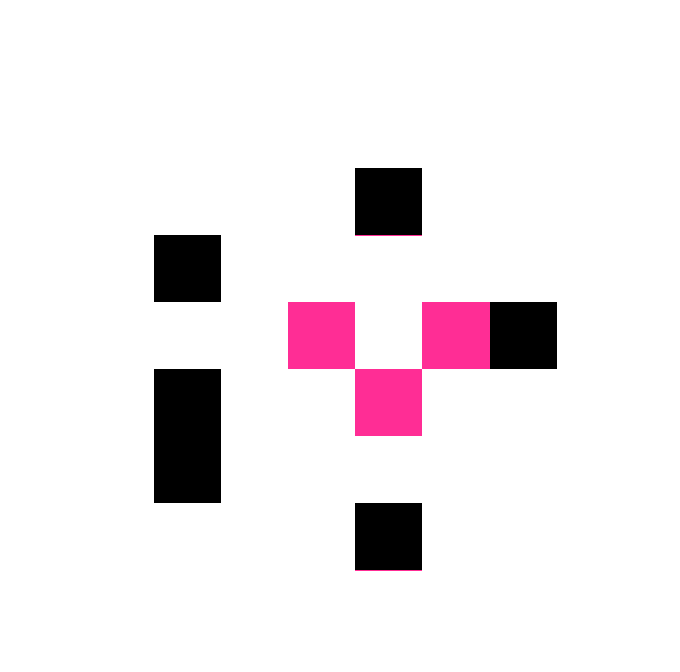 A minimalist geometric design featuring black rectangles and pink squares arranged in a cross-like pattern on a white background.