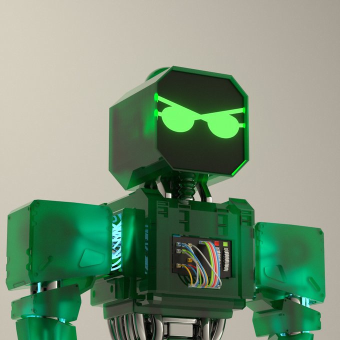 A 3D rendered green blocky robot character with an octagonal head displaying glowing green sunglasses on a digital screen face, with visible internal circuitry.