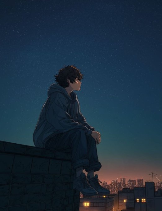 An anime-style illustration of a young person with dark hair wearing a hoodie and sneakers, sitting on the edge of a rooftop at twilight, gazing up at a starry night sky with a city skyline in the background.