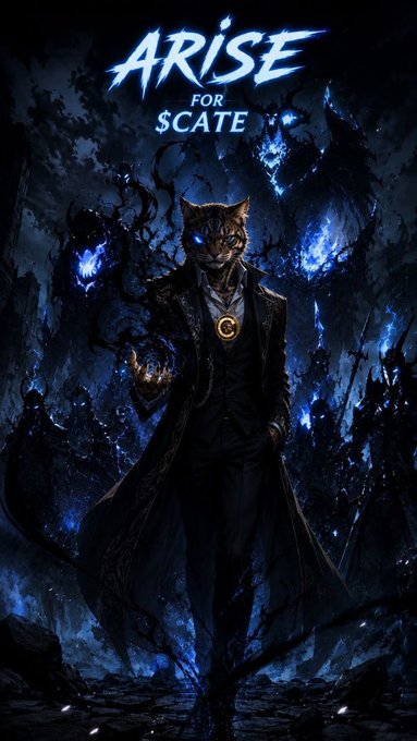 A digital artwork titled 'ARISE FOR $CATE' features an anthropomorphic figure with a feline head, glowing eyes, and a formal suit, surrounded by dark, swirling creatures and blue flames.