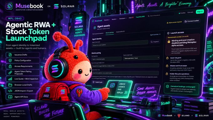 A promotional graphic for 'Musebook on Solana' advertises an 'Agentic RWA + Stock Token Launchpad' with a red mascot character.