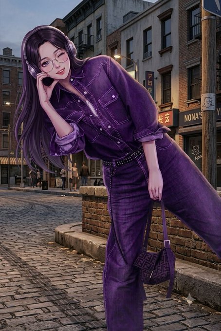 A stylized illustration features a fashionable young woman with long dark hair, glasses, and purple headphones, posing in a monochromatic purple denim outfit with matching handbag on a city street featuring "NONA'S" and "YE" signage. The trendy, forward-looking aesthetic complements the post's upbeat "GM web3 friends" Friday greeting, projecting a cool, urban vibe fitting for a casual crypto community hello.