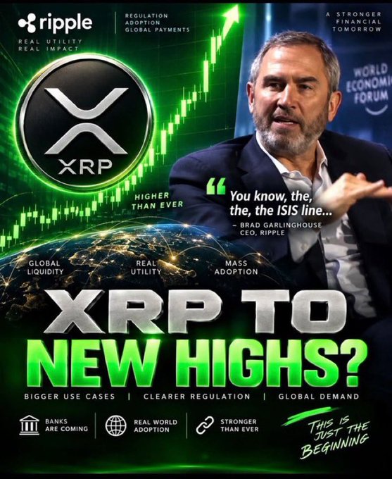 A promotional graphic featuring Ripple CEO Brad Garlinghouse with text 'XRP TO NEW HIGHS?', 'HIGHER THAN EVER', 'You know, the, the ISIS line...' and other crypto-related slogans.