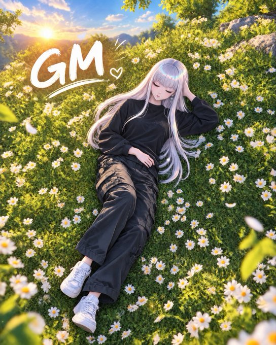 An anime-style illustration of a silver-haired girl lying in a daisy field at sunset wearing black clothing and white sneakers, with 'GM' (Good Morning) and a heart drawn in the sky.