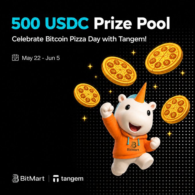 iced pizza with gold coins, a white unicorn, and the text "500 USDC PRIZE Pool" against a black background.