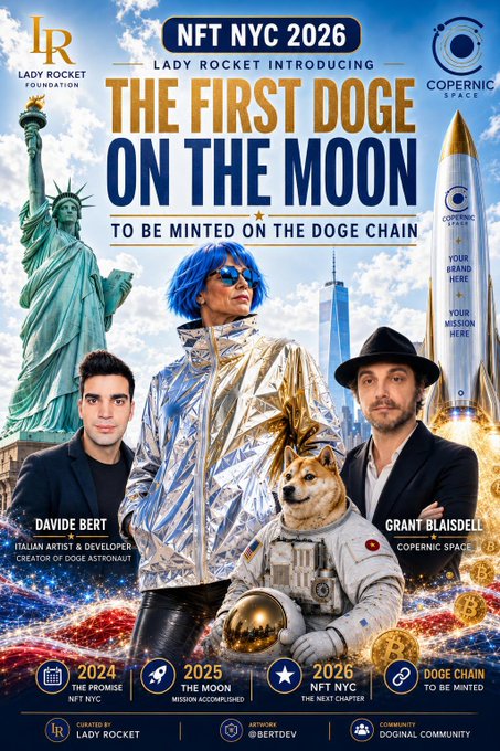 A colorful promotional poster for 'NFT NYC 2026' advertises 'THE FIRST DOGE ON THE MOON - TO BE MINTED ON THE DOGE CHAIN,' featuring Davide Bert, a blue-haired astronaut figure, Grant Blaisdell, and a Doge in a spacesuit.