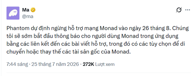 A tweet from user @ma with a verified badge, written in Vietnamese, announcing the discontinuation of support for the Monad network on August 26th.