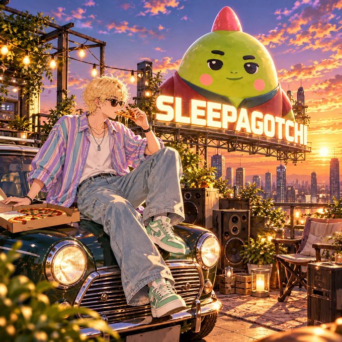 An anime-style illustration of a blonde boy with sunglasses sitting on a classic car holding a slice of pizza, with a large billboard reading 'SLEEPAGOTCHI' behind him against a sunset city skyline.
