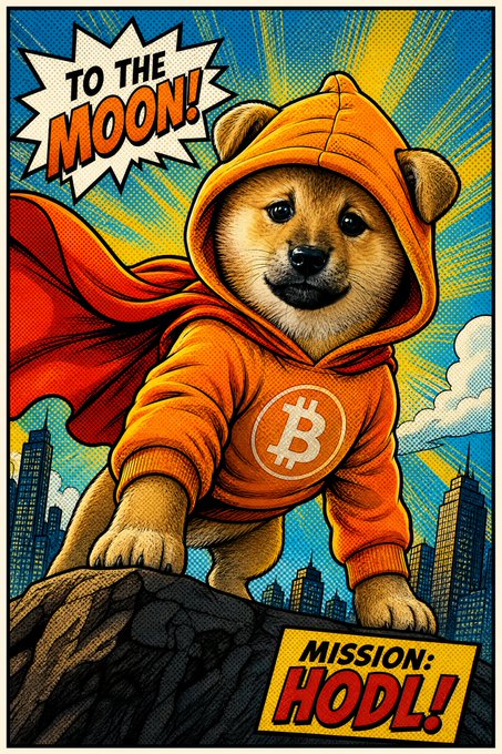 A pop-art style comic illustration of a Shiba Inu dog wearing an orange hoodie with a Bitcoin logo and a red cape, perched on a rock with city skyscrapers behind, captioned 'TO THE MOON!' and 'MISSION: HODL!'.