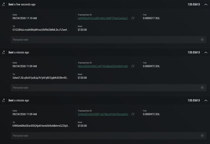 The image shows three cryptocurrency transaction records on the Solana (SOL) network, each showing transfers of $120.00 on September 24, 2026, with a balance of 120.03613 SOL displayed for each. The transaction IDs (ending in fragments like "JvaapZ," "BaaqSE," and "L8e9LL") and recipient wallet addresses correspond to the three winners of the giveaway—@MikeyGambling, @hexbyte_, and @callmem7md7—each receiving $120 in SOL.