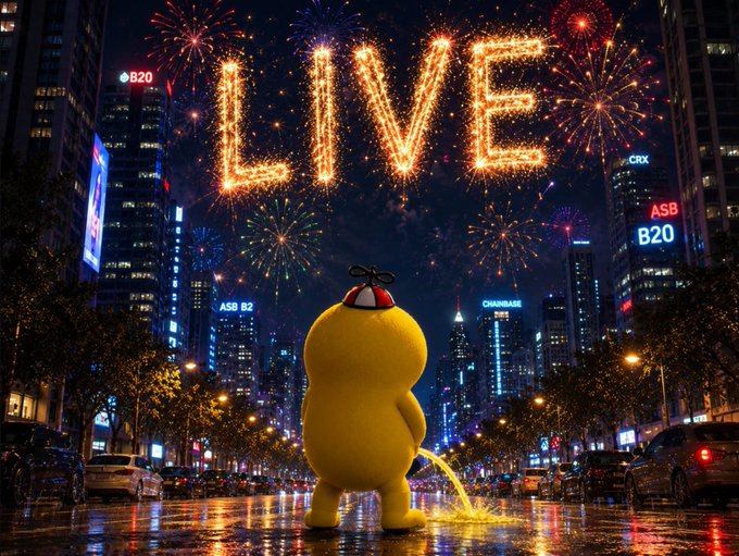 A yellow cartoon character wearing a propeller hat stands in a wet city street at night, looking up at a fireworks display spelling "LIVE" in glowing orange letters against a backdrop of illuminated skyscrapers displaying "B20" and "ASB B2" signs. The image celebrates the launch of the $PEE inscription on B20, with the "LIVE" fireworks and "B20" signage reinforcing the promotional message that trading is now open at 0.00012 ETH per inscription.