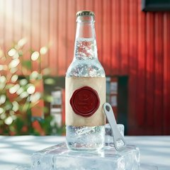 A chilled glass bottle of "TRON" branded beer sits on an ice block next to a bottle opener, set against a warm red wooden backdrop. The image cleverly uses the "TRON" label on the beer to visually reinforce the post's topic of making TRON blockchain concepts like energy more approachable and familiar to new users.