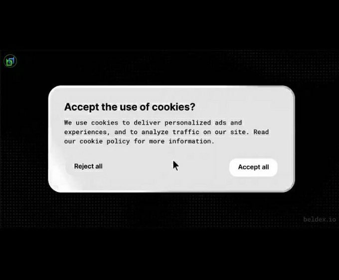 A cookie consent dialog box asking 'Accept the use of cookies?' with 'Reject all' and 'Accept all' buttons, watermarked 'beldex.io'.