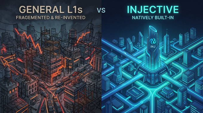 A comparison graphic titled 'GENERAL L1s (FRAGMENTED & RE-INVENTED)' versus 'INJECTIVE (NATIVELY BUILT-IN)', contrasting a chaotic dark cityscape with neon orange lightning against a sleek, organized blue cyberpunk metropolis.