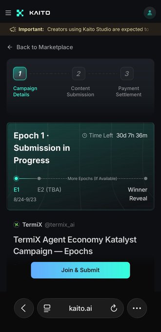 Screenshot of the KAITO platform showing the "TermiX Agent Economy Katalyst Campaign—Epochs" marketplace page with Epoch 1 Submission in Progress (E1 ending 8/24/9/23, 30d 7h 36m left) and a Join & Submit button.
