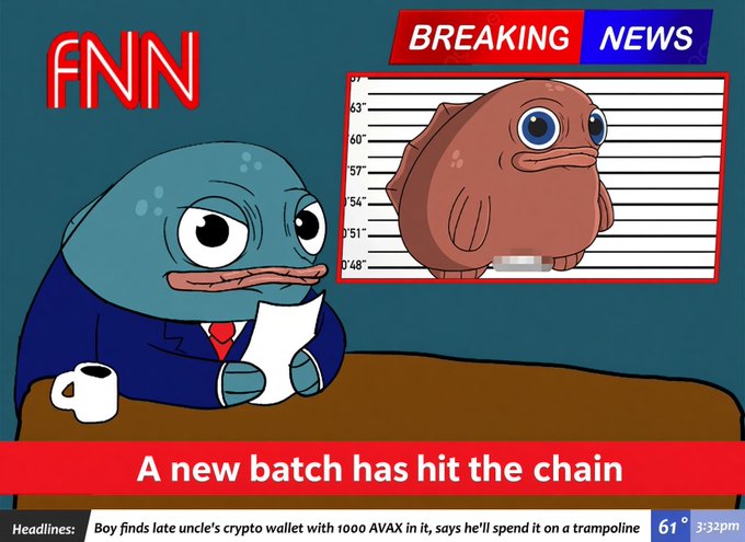 A meme-style news broadcast graphic featuring a blue fish news anchor and a brown fish mugshot on FNN (Frog News Network) with the headline "BREAKING: A new batch has hit the chain," referencing a crypto token batch update.