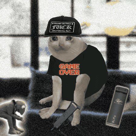 A grainy, meme-style photo of a cat wearing a black cap and a black t-shirt reading 'GAME OVER' in red, with a small gun and flip phone edited into the image.