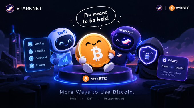 A promotional graphic for 'STARKNET' and 'strkBTC' shows cartoon characters labeled 'DeFi' and 'STARKNET' flanking a smiling Bitcoin coin saying 'I'm meant to be held.', with text 'More Ways to Use Bitcoin' and 'Hold → DeFi → Privacy (opt-in)'.
