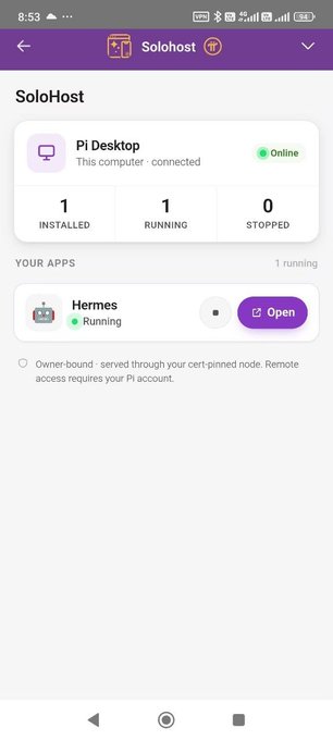 The image shows a SoloHost dashboard for a "Pi Desktop" with 1 installed, 1 running, and 0 stopped apps, featuring the locally-running "Hermes" AI app (marked as Owner-bound via cert-pinned node). This visually supports the post's claim about Pi Network enabling decentralized, local AI hosting on personal devices rather than relying on cloud-based big data monitoring.