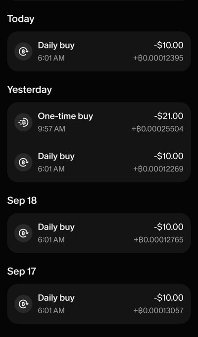 A screenshot of a crypto transaction history showing recurring daily $10.00 Bitcoin purchases and a one-time $21.00 buy, with each entry displaying a small BTC amount earned (e.g., +B0.00012395). The image supports the post's caption by highlighting the DCA (dollar-cost averaging) strategy the user is being mocked for, though the screenshot also reveals a larger one-time $21 purchase.