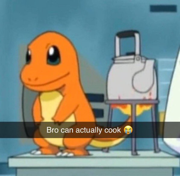 A meme image of Charmander standing beside what appears to be a cooking device, with caption text 'Bro can actually cook 😭'.
