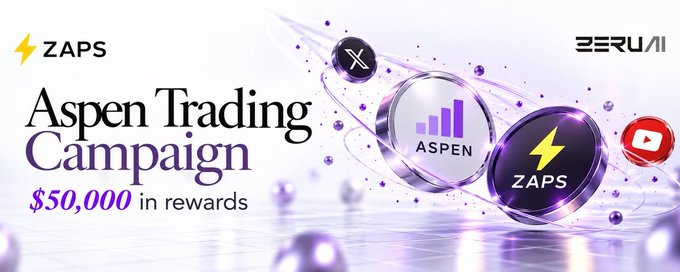 Promotional banner for Beru AI's 'Aspen Trading Campaign' featuring $50,000 in rewards, showing logos for ZAPS, ASPEN, X (Twitter), and YouTube against a purple cosmic background.