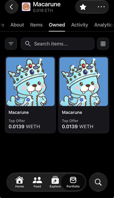 An NFT marketplace interface showing two 'Macarune' collectible items (crowned blue cartoon cats), each listed at a top offer of 0.0139 WETH.