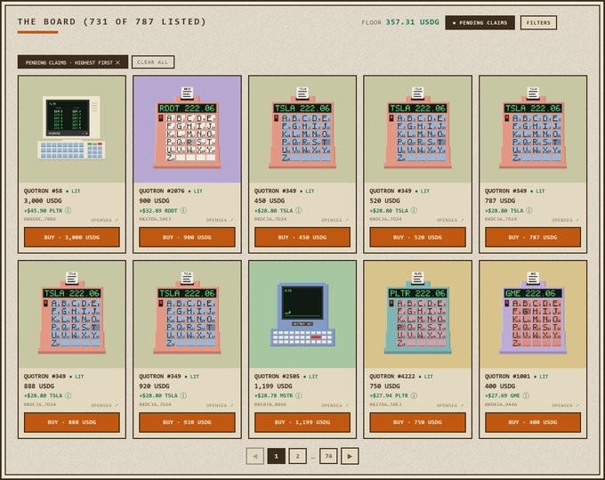 A screenshot of the Quotrons board displaying 731 of 787 listed items, filtered by "Highest First" pending claims, showing various Quotron #58, #2076, #349, and #349 terminals (ROOT, TSLA, PLTR, GME) listed for sale on OpenSea in USDG, with the highest priced at 3,800 USDG for Quotron #58.