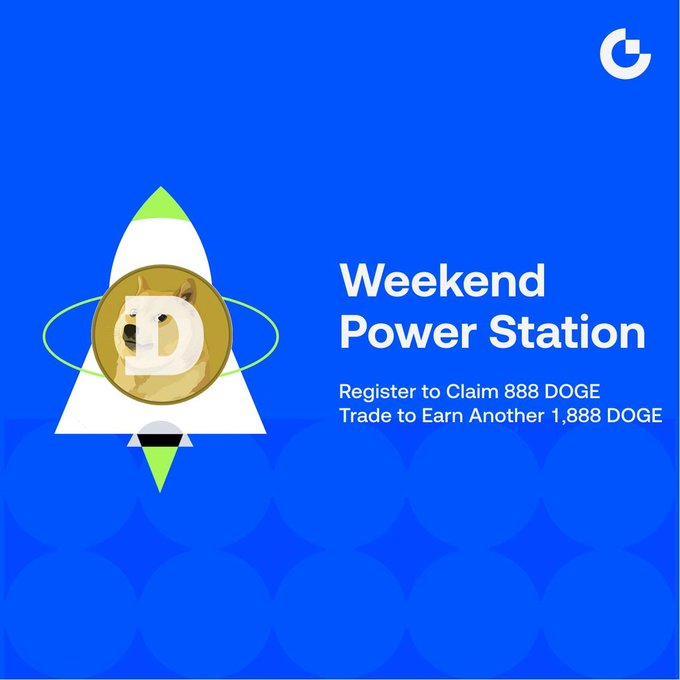 A promotional graphic for "Weekend Power Station" on a blue background featuring a Dogecoin rocket illustration, advertising rewards of 888 DOGE for registration and up to 1,888 DOGE for trading.