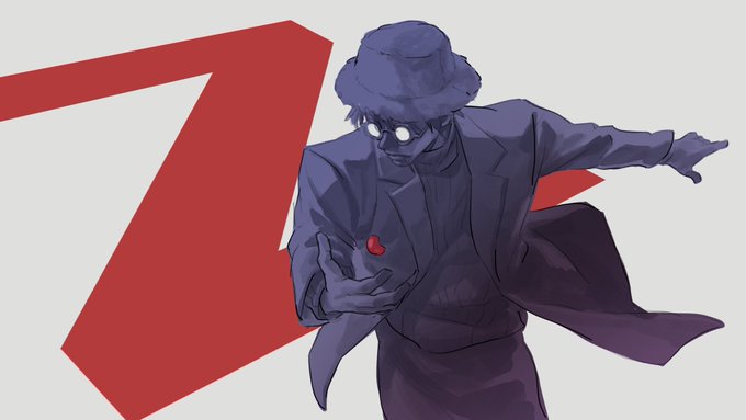 Anime-style illustration of a character in a purple hat and coat with glowing white eyes, holding a small red heart against a red and white geometric background.