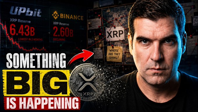A serious-looking man is pictured alongside graphics showing Upbit's XRP Reserve dropping to 6.43B (lowest in 2 months) and Binance's declining to 2.60B, with text declaring "SOMETHING BIG IS HAPPENING" and a question "WHERE ARE THEY GOING?"—visually reinforcing the claim that XRP is rapidly disappearing from exchanges.