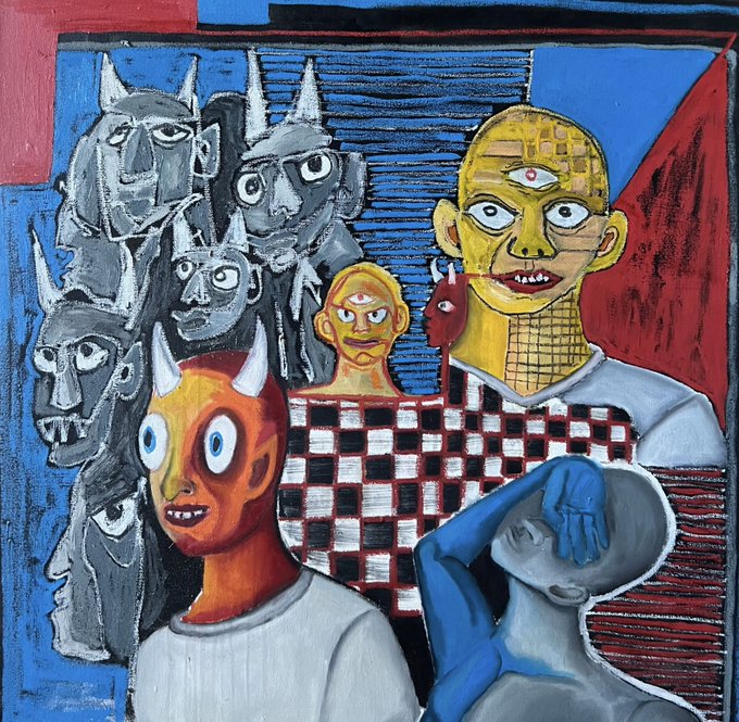 A colorful, stylized painting featuring figures with horns and a yellow-skinned character with three eyes, set against a blue background with a checkered pattern.