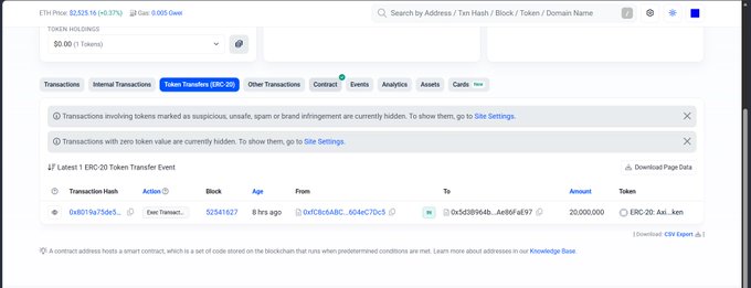 A blockchain explorer screenshot displays an ETH Price of $2,535.16 and shows a Token Transfers (ERC-20) transaction on Etherscan where exactly 20,000,000 ERC-20 tokens were transferred from address 0xfC8cbABC...6d4CfDc5 to a new address 0x5d3B94b...Ae86FaE97, confirming the $AXIS season 1 airdrop treasury movement to a 3-of-4 Safe multisig described in the post.