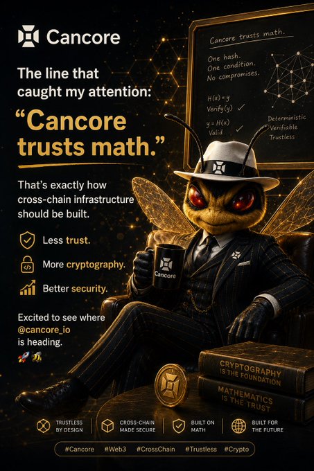 A promotional graphic for Cancore featuring a bee character in a suit, with the quote "Cancore trusts math." and text highlighting trustless cross-chain infrastructure.