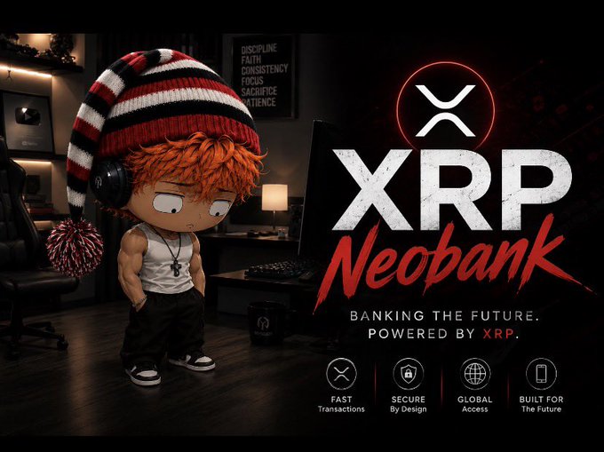 A promotional graphic for 'XRP Neobank' with the tagline 'Banking the Future. Powered by XRP,' featuring a cartoon character with a striped beanie and listing features like Fast Transactions, Secure By Design, Global Access, and Built For The Future.