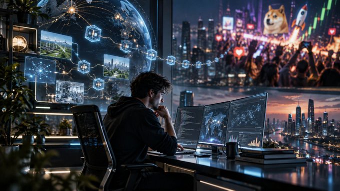 A young man sitting at a desk with multiple monitors displaying data and code, with a large holographic globe floating in front of him and a cityscape visible through the window behind him.